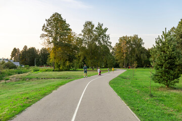 A group of people are walking on a path in a park