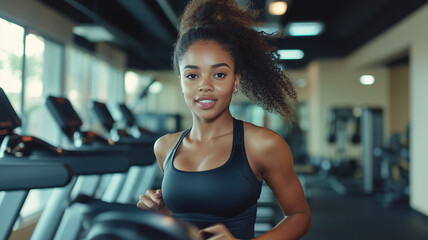 Fototapeta premium A determined sportswoman performing a kettlebell swing in a modern health club, focused expression, natural lighting. Ai generated