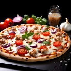 pizza with salami and tomatoes vegetables
