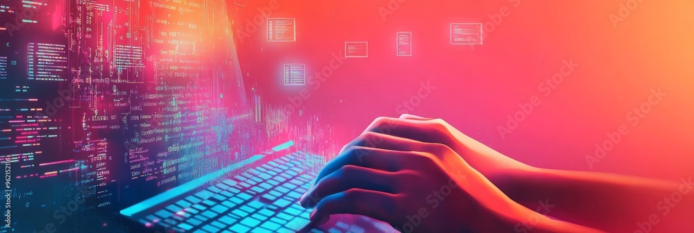 Poster Abstract digital wave of data with neon icons and binary code flowing through. Ideal for futuristic technology and big data concepts.