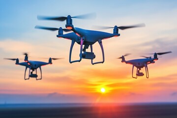 Three drones flying at sunset capturing stunning aerial views