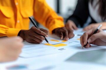 Collaborative business meeting with diverse team members analyzing documents