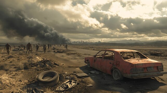 Zombie Apocalypse Scene, post-apocalyptic, wasteland, survivors, undead