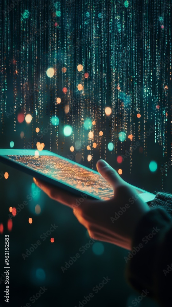 Poster Person holding a tablet with glowing data streams in a futuristic environment. Digital technology and IoT concept.