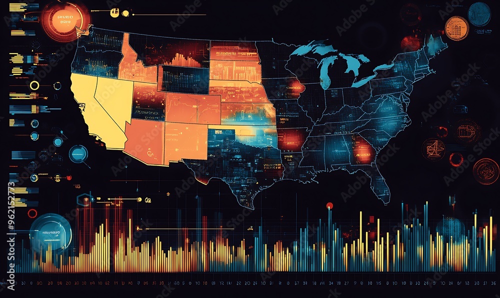 Wall mural digital map of the united states with data visualizations