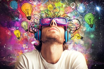 Creative imagination: man immersed in vibrant virtual reality with headphones and colorful lights