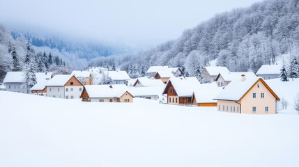 Naklejka premium First snowfall of the season covering a small village, winter weather, fresh and clean