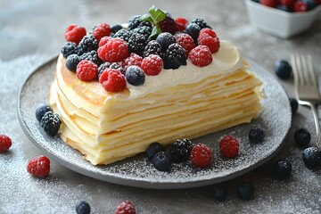 Delicate Crepe Cake with Fresh Berries, layers, dessert, french, pastry