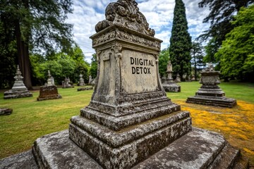 Fototapeta premium Digital detox gravestone in historic cemetery landscape