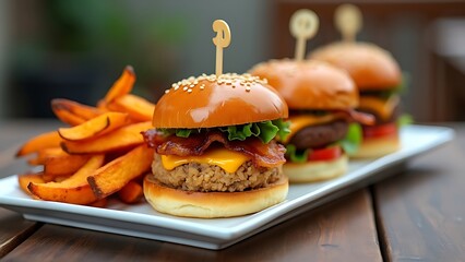 Sliders with cheese and bacon, pulled pork and a crab cake served on buns, with a side of fries.