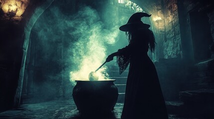 A woman in a witch costume stirring a bubbling cauldron in a dark, eerie room