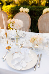 wedding set table, decorated banquet, wedding decoration, flowers and greenery, Fancy table set, Beautiful flowers decorated, event party or wedding reception, luxury elegant table