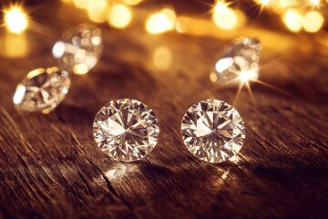 Sparkling loose diamonds on wooden surface with warm bokeh lights