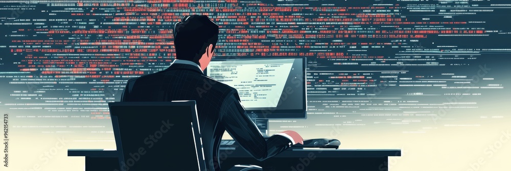 Poster IT professional working on coding with large data streams on screens. Digital technology and programming concept.