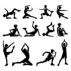 Set of Wrestling Silhouette. Man fitness workout silhouette. Set of wrestling silhouettes. Male Yoga silhouettes vector. Meditation silhouette. Sport boy workout in gym.