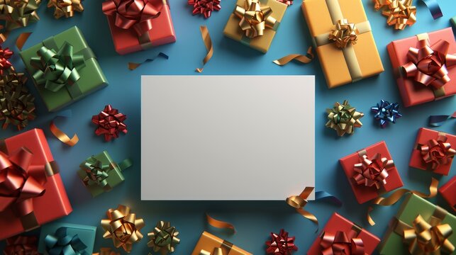 A blank card is placed at the center of a visually appealing arrangement of colorful gift boxes tied with ribbons, perfect for customizing with holiday greetings or messages.