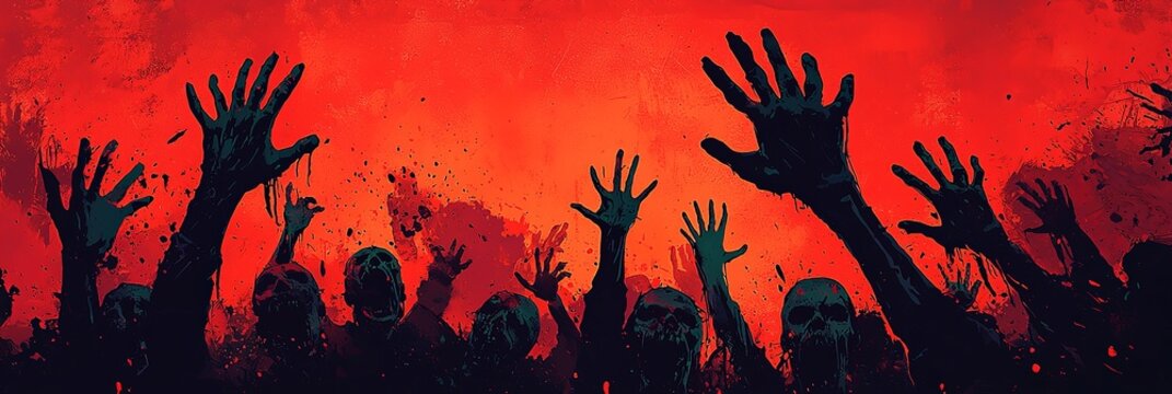 A gruesome scene showing zombie hands outstretched against a vivid blood-red sky, capturing a moment of horror and desperation in vivid, gory detail.