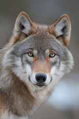 Fototapeta premium A detailed close-up of a gray wolf with piercing eyes, capturing the essence of this majestic and wild creature.
