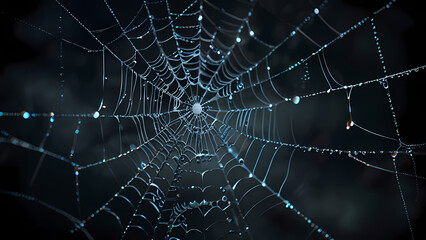 abstract background of an intricate spider web with delicate, shimmering silver threads against a dark, misty backdrop