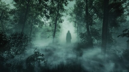 Fototapeta premium A misty forest with the shadow of a ghostly figure barely visible in the fog