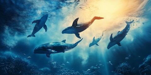 Fototapeta premium A stunning depiction of a pod of whales swimming in harmony through the ocean's depths, illuminated by sunlight from above.