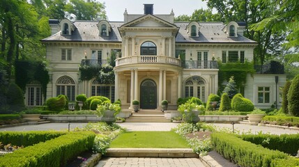 Naklejka premium Elegant classic house exterior with grand entrance and lush garden