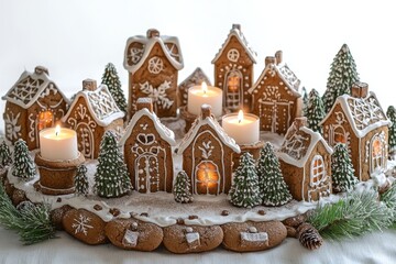 A festive arrangement of gingerbread houses surrounded by candles and decorations, creating a cozy atmosphere for the holidays.