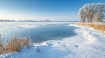 A frozen lake with a snow-covered shoreline and frosted trees under a bright blue sky, creating a serene winter landscape