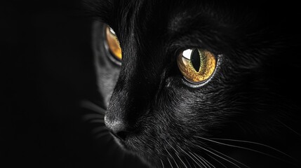 A close-up of a black cat piercing eyes glowing in the darkness