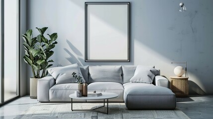 Mock-up of a poster frame set against a modern, minimalist living room interior. 3D render and illustration.