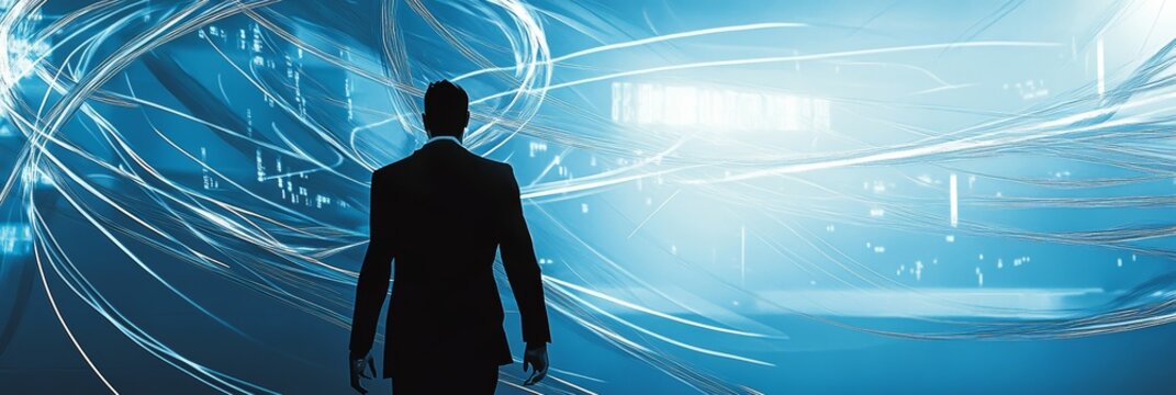 A businessman facing a digital tunnel of swirling blue lines and light. Journey into technology and transformation.