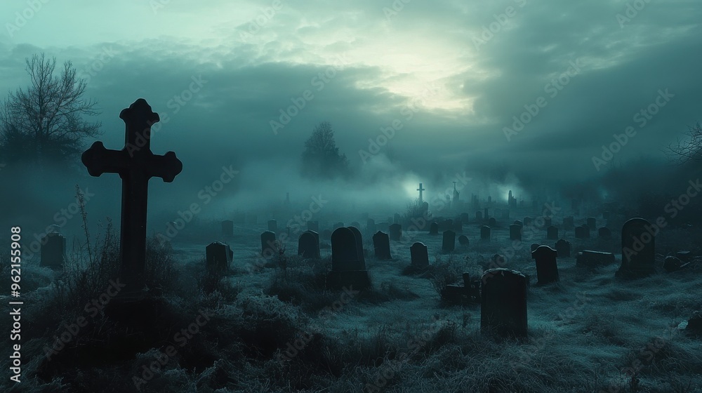 Wall mural a graveyard scene with fog rolling over the tombstones and an eerie, glowing light in the distance
