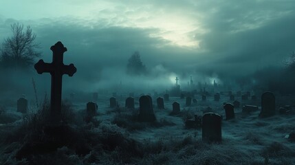 A graveyard scene with fog rolling over the tombstones and an eerie, glowing light in the distance