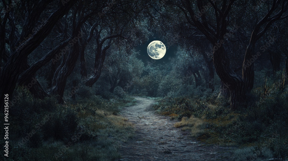 Canvas Prints a cinematic shot of a haunted forest path illuminated by the glow of a full moon