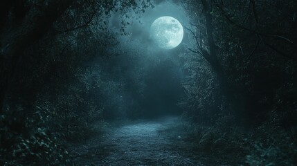 Fototapeta premium A cinematic shot of a haunted forest path illuminated by the glow of a full moon