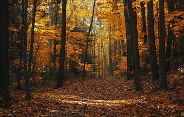 Golden Autumn Forest in Tranquil Light, AI generated illustration