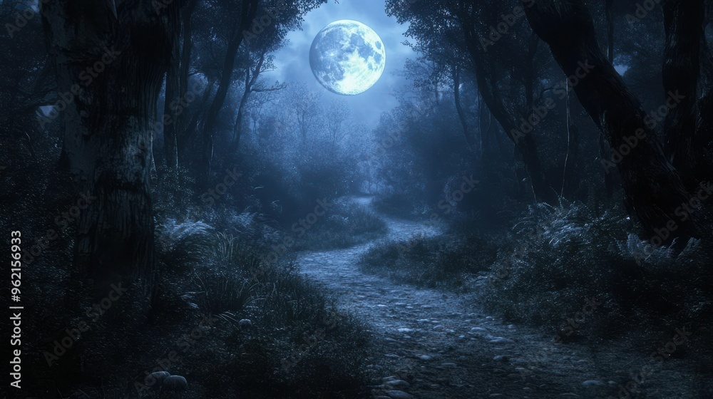 Canvas Prints a cinematic shot of a haunted forest path illuminated by the glow of a full moon