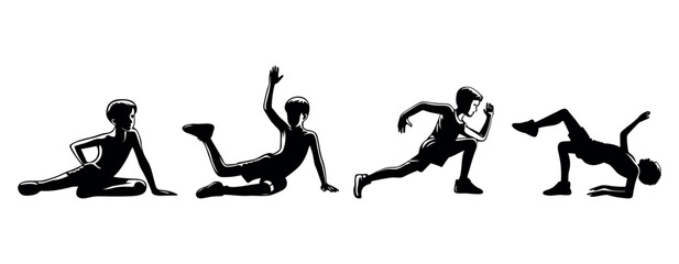 Man fitness workout silhouette. Set of wrestling silhouettes. Male Yoga silhouettes vector. Meditation silhouette. Sport boy workout in gym.