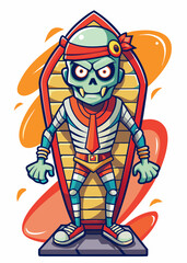 Fototapeta premium Mummy with Bloodied Bandages Rising from Sarcophagus, Horror Vector Illustration on White Background 
