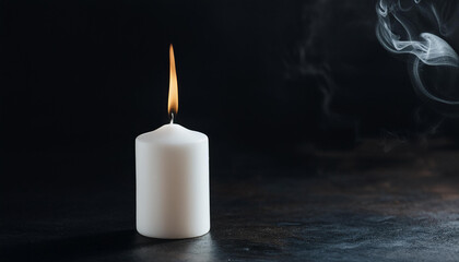 White burning candle on black background.