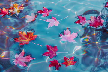 autumn leaves floating on reflective water, calm zen background