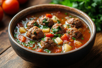 Hearty meatball and tomato stew simmering in a rustic bowl topped with fresh herbs and surrounded by vibrant vegetables