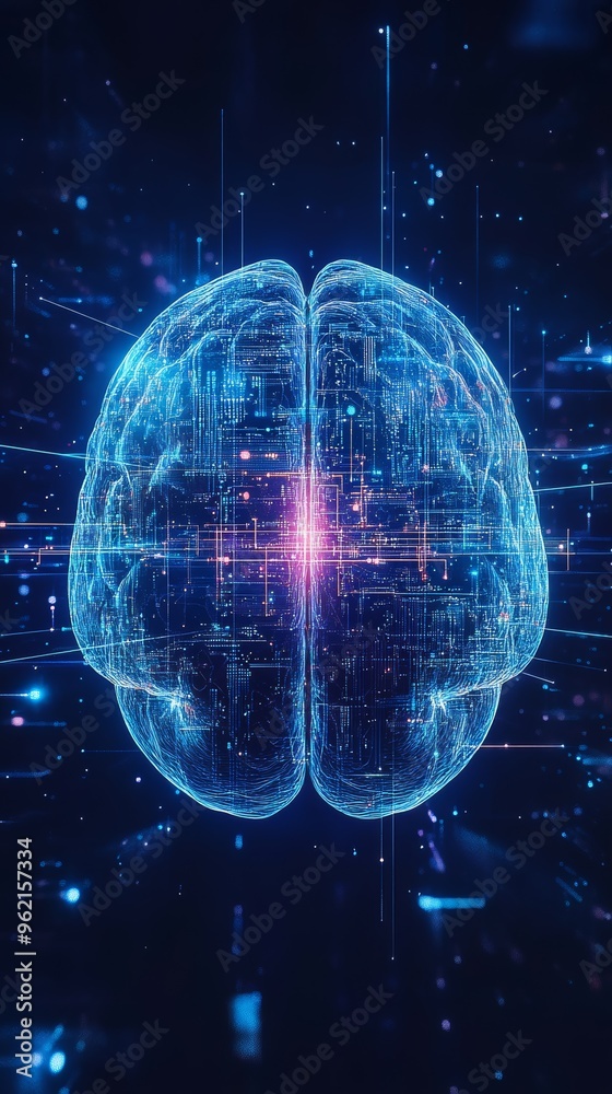 Poster Futuristic digital brain hologram with glowing neural connections. Artificial intelligence and advanced technology concept.