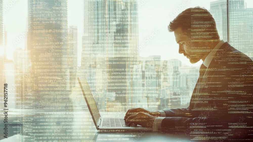 Poster Businessman coding on a laptop with transparent code over a cityscape background. Symbolizes coding in business.