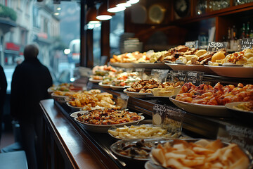 Savoring the vibrant flavors of pintxos in a cozy San Sebastian bar at dusk