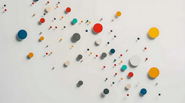 A minimalist scatter plot using just a few colorful dots placed on a simple, light gray background, each dot casting a subtle shadow