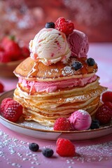 Pancake stack with ice cream and berries