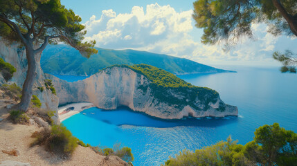 Obraz premium Navagio Beach is beautiful, the sky is clear, the sea water is beautiful, the beach is beautiful, the weather is good.