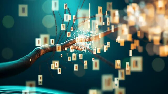 Digital family tree visualization with finger touching glowing node, showcasing interactive genealogy research and ancestry data exploration through futuristic interface