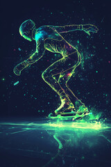 Naklejka premium A vibrant neon skater gliding through a snowy winter wonderland in a surreal display of speed and beauty